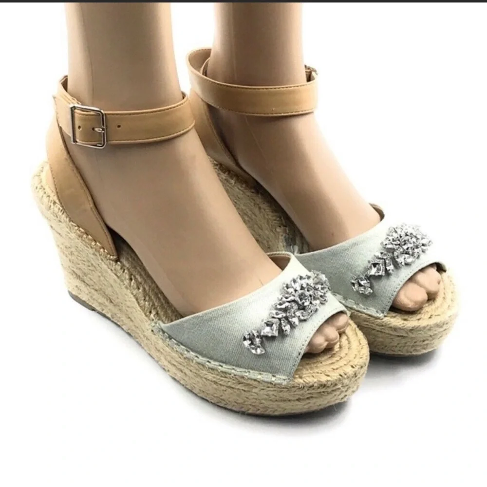 Kaari Blue espadrilles wedge ankle rhinestone blue size 9 sandals